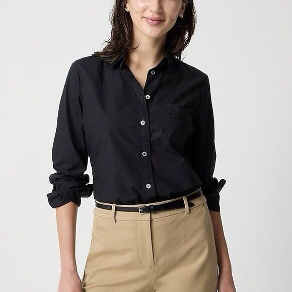 J Crew Womens Button Up Shirt Black XS Cotton Poplin Classic Preppy Work Office - Picture 1 of 11